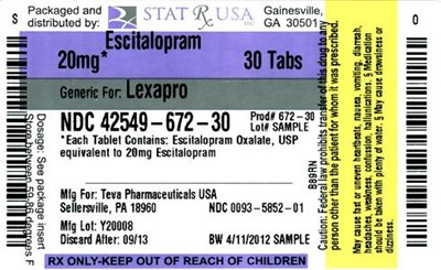 Escitalopram  20 mg Label Image (Escitalopram 20 mg Label  42549)